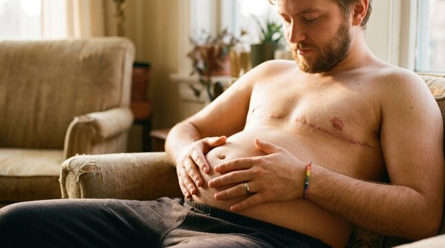 Male individual with visible surgical scars sits on a couch, hands resting on his abdomen, in a well-lit living room with plants and soft furnishings