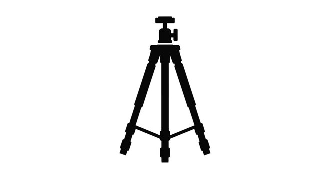 A black tripod silhouette against a white background showcasing its three legged structure and camera mount silhouette support