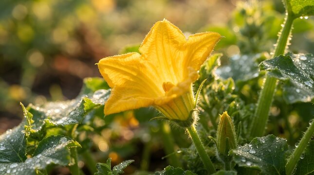 A vibrant yellow squash blossom stands out in a lush garden, illuminated by the warm, golden glow of the morning sun with delicate dew drops visible.