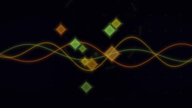 Abstract glowing shapes move along a looping sine wave pattern in the dark.