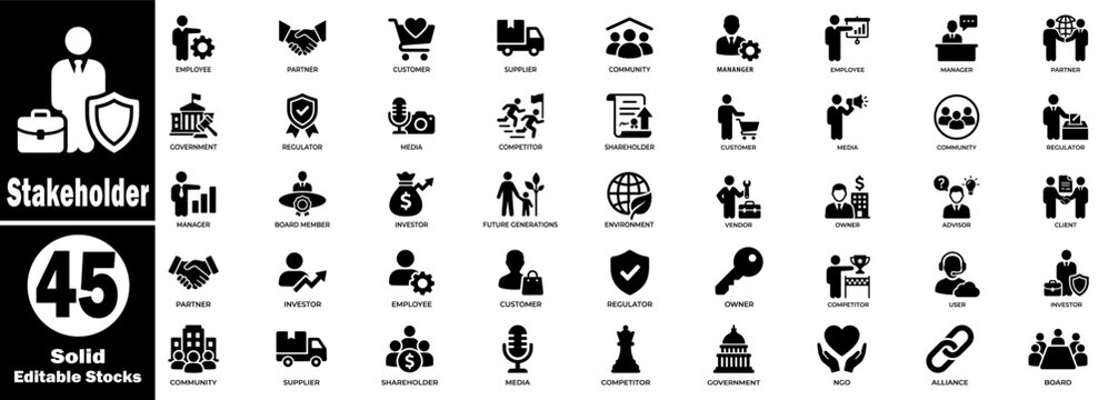 Stakeholder solid icons set. Representing individual groups with business interests. partner, customer, supplier, community, manager, government, regulator, Editable Stocks. Vector Illustration.