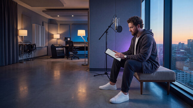 Singer reviewing notes on tablet in high-rise studio lounge with sunset city skyline