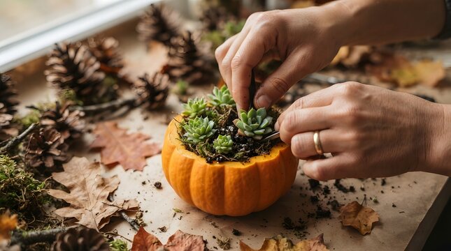 A close-up view of hands carefully arranging small green succulents inside a hollowed-out orange pumpkin on a table scattered with pinecones and autumn leaves.