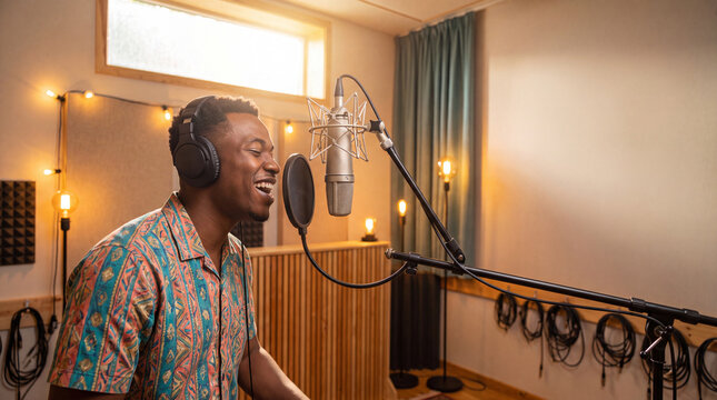 Joyful singer mid-take with headphones and condenser microphone in sunlit vocal booth