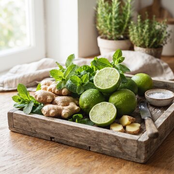 Fresh limes and ginger with mint leaves in wooden tray