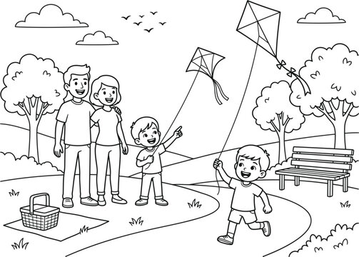 Family fun coloring pages design kite flying scene for kids and adults printable activity book