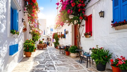 Fototapeta premium Colorful Greek village street with flowers.