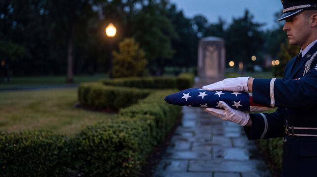 Honor guard presents folded American flag at twilight memorial garden ceremony