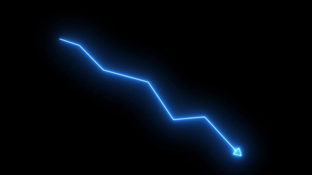 Abstract futuristic neon blue Glowing red downward graph with arrow indicating decline, loss, and negative trends on a dark, abstract background, perfect for conveying risk, crisis animation. 4k video
