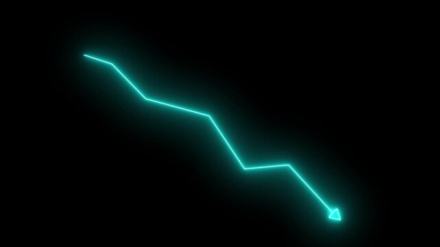 Abstract futuristic neon blue Glowing red downward graph with arrow indicating decline, loss, and negative trends on a dark, abstract background, perfect for conveying risk, crisis animation. 4k video