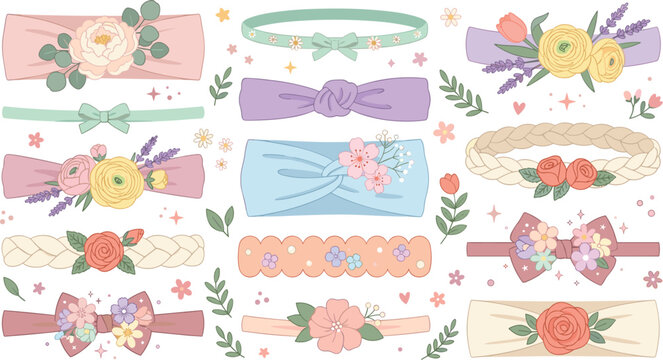 Cute floral baby headband vector collection with elegant boho hair bows flower crowns and bands on white background
