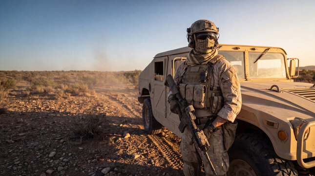 Desert tactical operator stands armed beside tan utility vehicle at golden hour