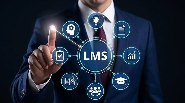Businessman pointing learning management system lms icons on virtual screen concept