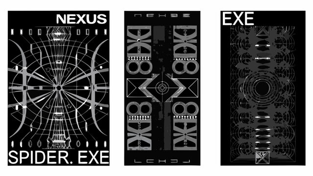 Monochrome Cybercore Posters Featuring Circular Patterns Geometric Shapes And Digital Text Elements abstract algorithmic arrangement binary black and white