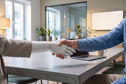 Human and white robotic hand handshake across modern conference table in bright office