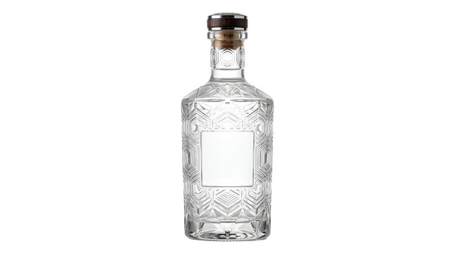 Clear glass bottle of premium gin with a cork stopper and empty label