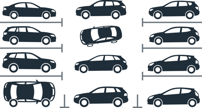 Car parking silhouette icon set with side view and top view vehicles in slots for transport management, traffic apps, and driving school designs