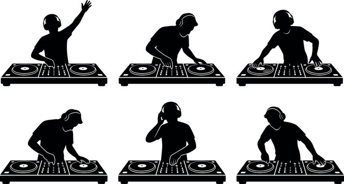 Professional DJ silhouettes performing with headphones and turntable mixers set for nightlife, party flyers, electronic music festivals, and club event designs