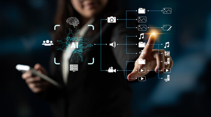 Obraz premium Businesswoman Engaging with Futuristic Technology Interface Featuring AI, Data Management, and Multimedia Symbolism in a Professional Setting. Sentient.