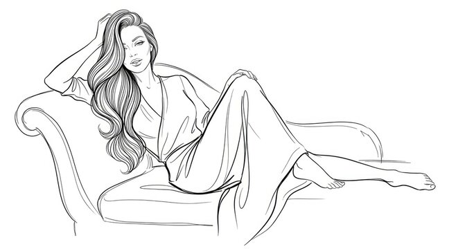 Elegant Woman Relaxing on Sofa Line Art Illustration, Minimalist Fashion Sketch