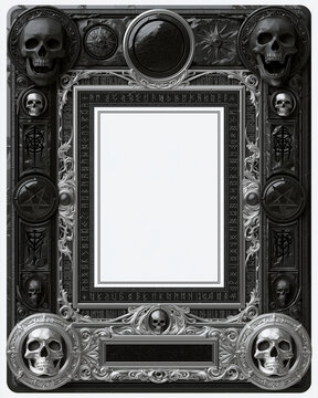 An ornate silver frame with gothic skulls and occult symbols surrounds a blank central space border design element decorative