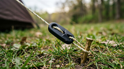 Naklejka premium Camping tent guy line secured to the ground with a metal stake and black plastic tensioner