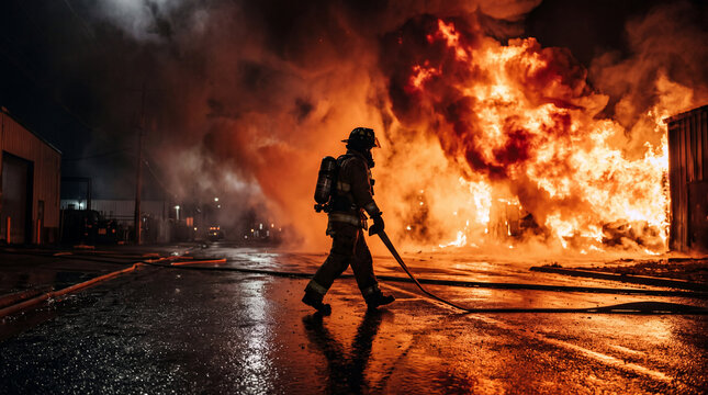 Silhouetted firefighter walking toward massive warehouse blaze with hose on wet street