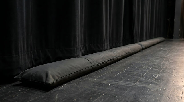 Long dark fabric sandbag placed on a wooden stage floor in front of heavy black theater curtains