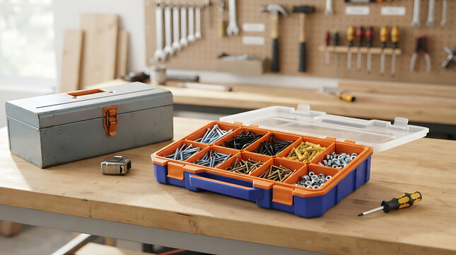 Metal toolbox and plastic organizer case filled with various metal screws on a wooden workbench