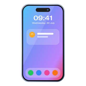 Smartphone mockup with sleek glass display, colorful gradient background, lock screen interface, mobile phone design