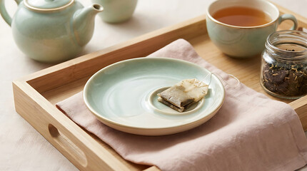 Fototapeta premium Tea bag resting on a light green ceramic saucer with teapot and cup on a wooden serving tray