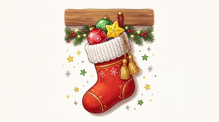 Obraz premium Vibrant christmas stocking hanging on wooden beam with festive decorations