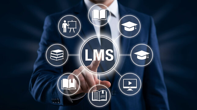Businessman touching LMS learning management system icon for online education