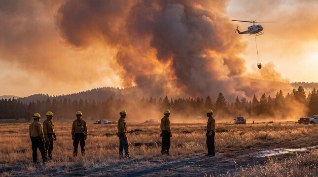 Wildland fire crew watching helicopter water drop over massive forest fire plume at golden hour