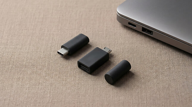 Three small black usb adapters and a laptop corner on a textured beige fabric surface background