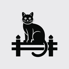 Black cat silhouette sitting on a fence, stylized graphic element, simple clean design © Musriyah