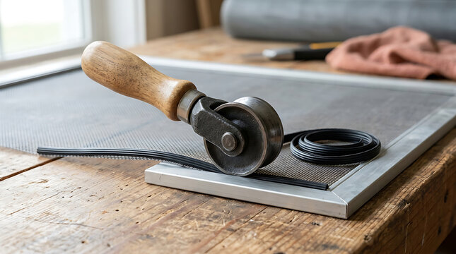 Window screen repair tool with rubber spline on a wooden workbench for home improvement projects