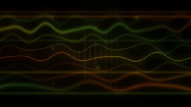 Seamless looping animation of abstract wavy light lines in green and orange colors on a dark background