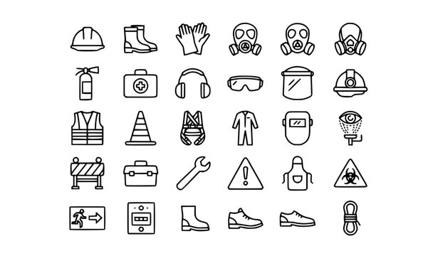 Industrial Safety Equipment Outline Icon Set with PPE and Workplace Protection Editable Stroke Vector