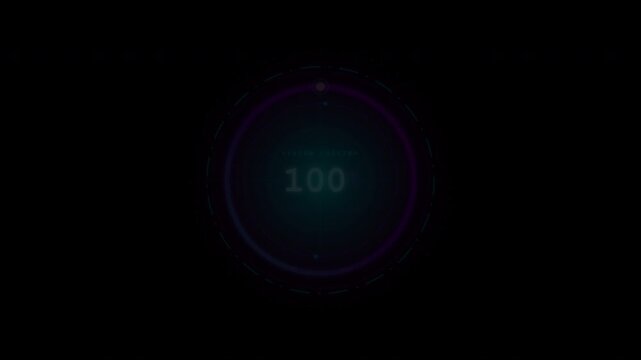 Sci-Fi holographic loading ring HUD interface on black background, 16:9 widescreen circular progress bar with percentage counting from 0 to 100 and neon glow effect.