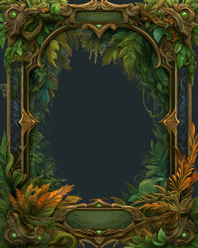 Enchanted Forest Fantasy Card Game Template with Ornate Wooden Frame, Lush Greenery, and Magical Nature Details, frame with flowers