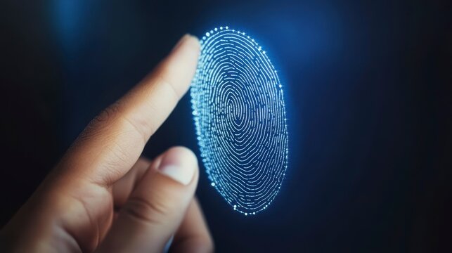 Close-up of a finger touching a digital fingerprint scan.