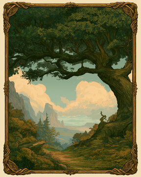 Enchanted Ancient Forest Landscape Fantasy Trading Card Template with Ornate Wooden Frame