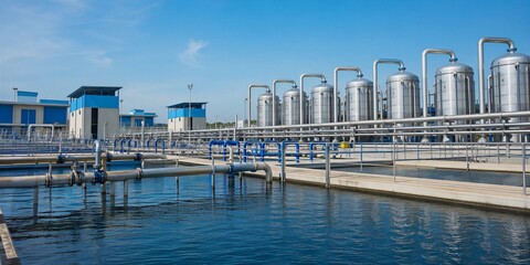 Obraz premium Clean Water Infrastructure Concept, Modern Industrial Water Treatment Plant with Storage Tanks and Blue Pipeline System