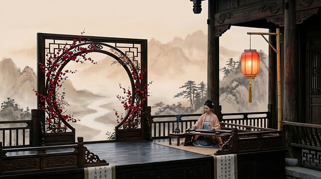 Tranquil chinese scholar's studio woman painting with mountain landscape view