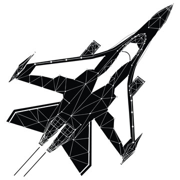 Low poly fighter jet vector illustration, geometric military aircraft silhouette, black polygonal supersonic airplane icon for gaming and aviation