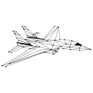 Low poly fighter jet vector illustration, wireframe military aircraft silhouette, geometric plexus style aviation art for technology and defense
