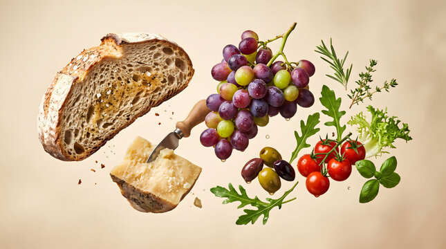 Artisan bread cheese grapes and fresh vegetables floating food composition