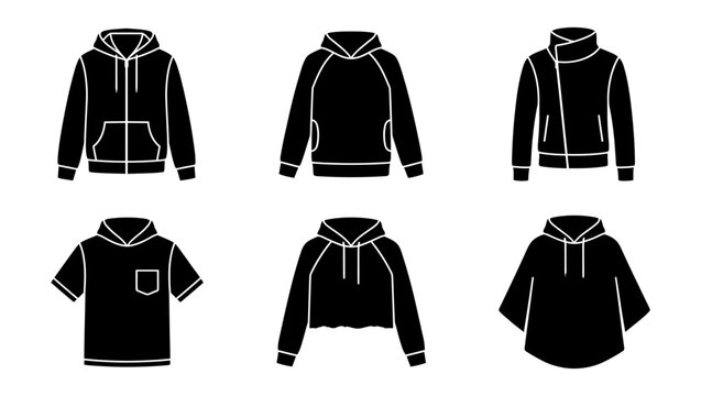 Set of six black hoodie and sweatshirt various styles of casual clothing silhouettes including zip-up and pullover on white background