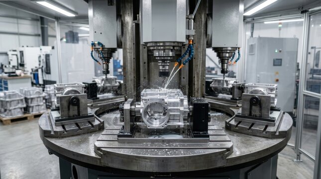 Rotary transfer machining setup with indexing table, spindle heads, precision fixtures, coolant nozzles, and machined metal housings.